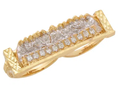 Pre-owned Jackani 10k Or 14k Two-tone Gold White Cz Accented Last Supper Two Finger Mens Ring