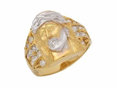 Pre-owned Jackani 10k Or 14k Two-tone Gold White Cz Face Of Jesus Religious Mens Worship Ring
