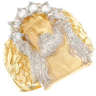 Pre-owned Jackani 10k Or 14k Two Tone Gold White Cz Jesus Religious Mens Ring
