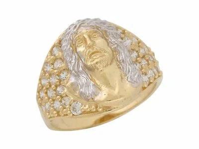 Pre-owned Jackani 10k Or 14k Two-tone Gold White Cz Jesus Wide Band Religious Mens Ring