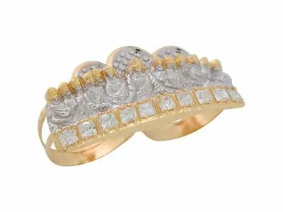 Pre-owned Jackani 10k Or 14k Two-tone Gold White Cz Mens Last Supper Two Finger Religious Ring