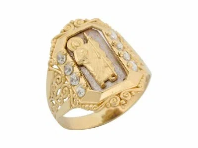 Pre-owned Jackani 10k Or 14k Two Tone Gold White Cz Religious St. Jude Mens Ring