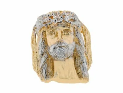 Pre-owned Jackani 10k Or 14k Two Tone Gold Wide Top Jesus With White Cz Accents Mens Heavy Ring