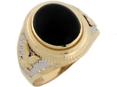 Pre-owned Jackani 10k Or 14k Two Tone Real Gold 13x11mm Oval Onyx Eagle On The Sides Mens Ring In Black