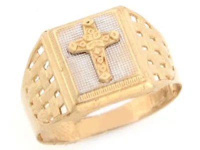Pre-owned Jackani 10k Or 14k Two Tone Real Gold Cross Christian Religious Fancy Mens Ring