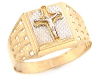 Pre-owned Jackani 10k Or 14k Two Tone Real Gold Jesus Crucifix Cross Religious Fancy Mens Ring