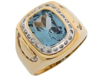 Pre-owned Jackani 10k Or 14k Two Tone Real Gold Simulated Aquamarine Cz March Birthstone Mens Ring