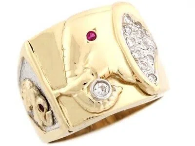 Pre-owned Jackani 10k Or 14k Two Tone Real Solid Gold White Cz Good Luck Elephant Mens Ring