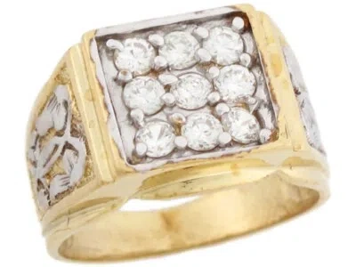 Pre-owned Jackani 10k Or 14k Two Tone Real Solid Gold White Cz Square Cluster Mens Ring