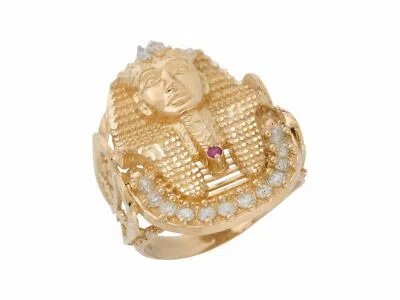 Pre-owned Jackani 10k Or 14k Two-tone Simulated Ruby White Cz Heart Shape Men's King Tut Ring