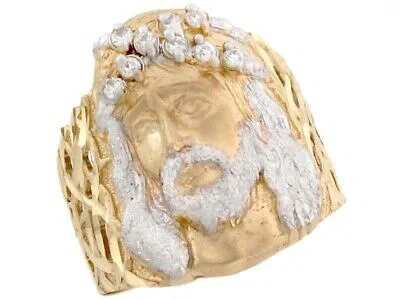 Pre-owned Jackani 10k Or 14k Two Tone Solid Gold Christian Religious Jesus Cz Large Mens Ring In White