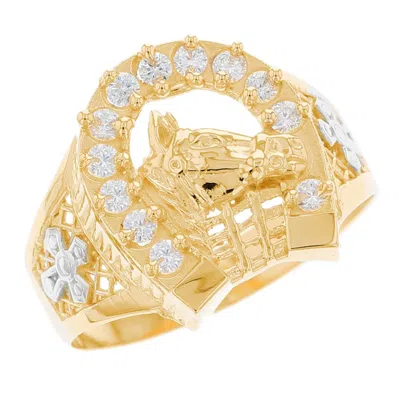 Pre-owned Jackani 10k Or 14k Two Tone Solid Gold Horse Lucky Horseshoe Cz Mens Ring In White