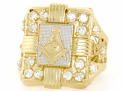 Pre-owned Jackani 10k Or 14k Two-tone Solid Gold Masonic Cz Mens Ring In White