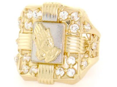 Pre-owned Jackani 10k Or 14k Two-tone Solid Gold Praying Hand Cz Mens Ring In White