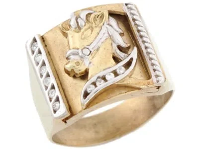 Pre-owned Jackani 10k Or 14k Two Tone Solid Real Gold White Cz Stallion Horse Mens Ring