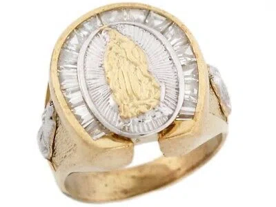 Pre-owned Jackani 10k Or 14k Two Tone Solid Real Gold White Cz Virgin Mary Guadalupe Mens Ring