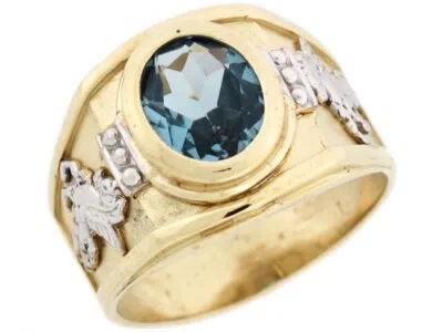 Pre-owned Jackani 10k Or 14k Two Toned Gold Simulated Aquamarine Birthstone Pegasus Mens Ring
