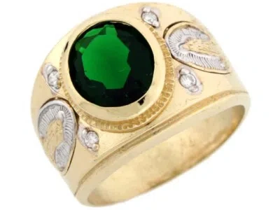 Pre-owned Jackani 10k Or 14k Two Toned Gold Simulated Emerald Cz Saint Mary Guadalupe Mens Ring In Green