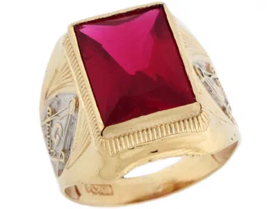 Pre-owned Jackani 10k Or 14k Two Toned Gold Simulated Ruby July Birthstone Masonic Mens Ring In Red