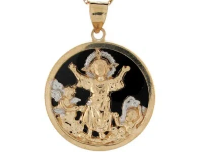 Pre-owned Jackani 10k Or 14k Two Toned Real Gold Onyx Divino Nino Jesus Angel Womens Pendant In Black
