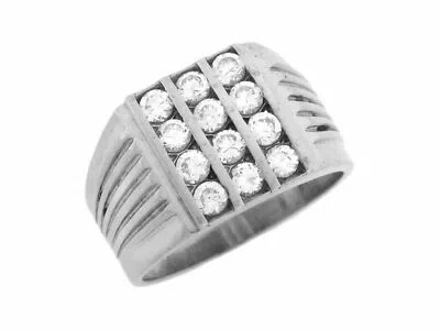 Pre-owned Jackani 10k Or 14k White Gold 3 Row Channel Set Cz High Polished Mens Ring