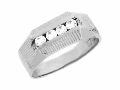 Pre-owned Jackani 10k Or 14k White Gold Mens Channel Set Round Cz Ring With Engraved Detail