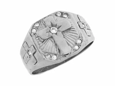 Pre-owned Jackani 10k Or 14k White Gold Mens Cross Ring With Cz Detail And Crosses On Band