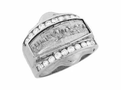 Pre-owned Jackani 10k Or 14k White Gold Mens Cz Last Supper Jesus Religious Ring