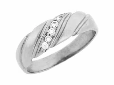 Pre-owned Jackani 10k Or 14k White Gold Mens Diagonal Accent Pave Cz Ring With Engraved Accent