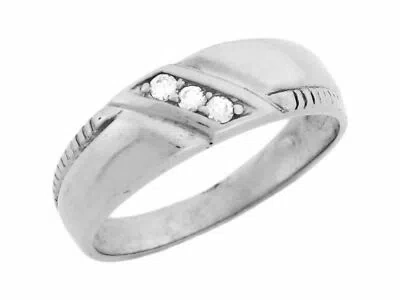 Pre-owned Jackani 10k Or 14k White Gold Mens Diagonal Accent Pave Cz Ring With Engraved Detail