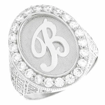 Pre-owned Jackani 10k Or 14k White Gold Mens Oval Halo White Cz Initial Letter B Ring