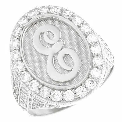 Pre-owned Jackani 10k Or 14k White Gold Mens Oval Halo White Cz Initial Letter E Ring
