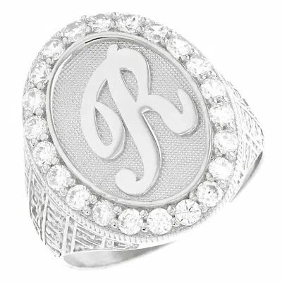 Pre-owned Jackani 10k Or 14k White Gold Mens Oval Halo White Cz Initial Letter R Ring