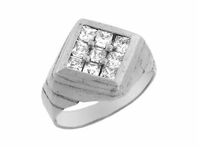 Pre-owned Jackani 10k Or 14k White Gold Mens Square Cz Cluster Ring With Engraved Detail
