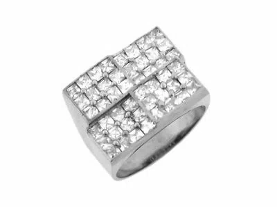 Pre-owned Jackani 10k Or 14k White Gold White Cz Cluster Mulitple Rectangular Design Mens Ring