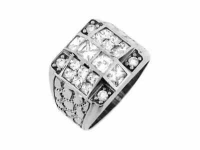 Pre-owned Jackani 10k Or 14k White Gold White Cz Cross Square Etched Unique Mens Ring