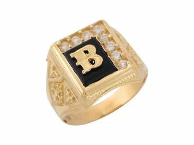 Pre-owned Jackani 10k Or 14k Yellow Gold Black Onyx White Cz Accented Mens Letter B Initiai Ring