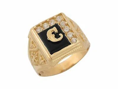 Pre-owned Jackani 10k Or 14k Yellow Gold Black Onyx White Cz Accented Mens Letter C Initiai Ring