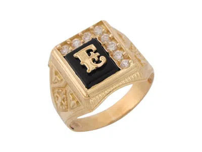 Pre-owned Jackani 10k Or 14k Yellow Gold Black Onyx White Cz Accented Mens Letter E Initiai Ring