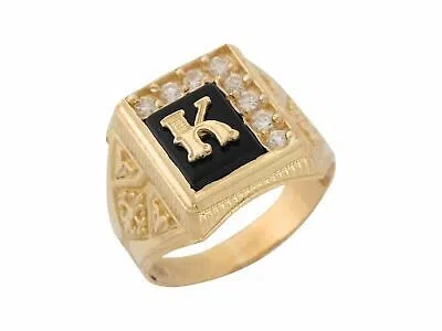 Pre-owned Jackani 10k Or 14k Yellow Gold Black Onyx White Cz Accented Mens Letter K Initiai Ring