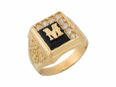 Pre-owned Jackani 10k Or 14k Yellow Gold Black Onyx White Cz Accented Mens Letter M Initiai Ring
