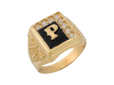 Pre-owned Jackani 10k Or 14k Yellow Gold Black Onyx White Cz Accented Mens Letter P Initiai Ring