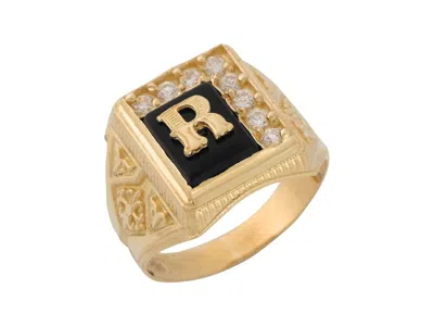 Pre-owned Jackani 10k Or 14k Yellow Gold Black Onyx White Cz Accented Mens Letter R Initiai Ring