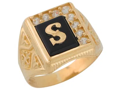 Pre-owned Jackani 10k Or 14k Yellow Gold Black Onyx White Cz Accented Mens Letter S Initiai Ring