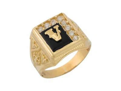 Pre-owned Jackani 10k Or 14k Yellow Gold Black Onyx White Cz Accented Mens Letter V Initiai Ring
