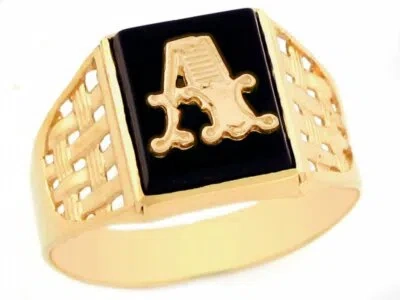 Pre-owned Jackani 10k Or 14k Yellow Gold Bold Black Onyx Mens Basket Weave Initial Letter A Ring