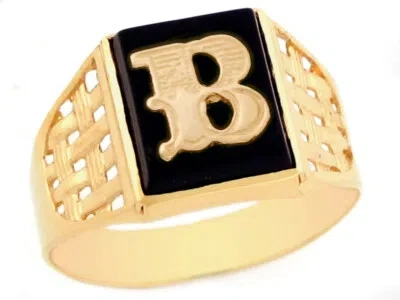 Pre-owned Jackani 10k Or 14k Yellow Gold Bold Black Onyx Mens Basket Weave Initial Letter B Ring