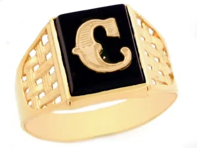 Pre-owned Jackani 10k Or 14k Yellow Gold Bold Black Onyx Mens Basket Weave Initial Letter C Ring