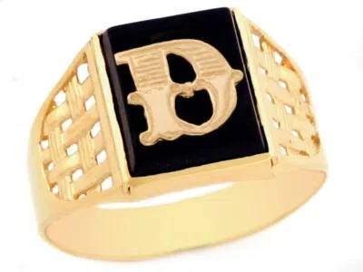 Pre-owned Jackani 10k Or 14k Yellow Gold Bold Black Onyx Mens Basket Weave Initial Letter D Ring