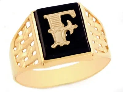 Pre-owned Jackani 10k Or 14k Yellow Gold Bold Black Onyx Mens Basket Weave Initial Letter F Ring